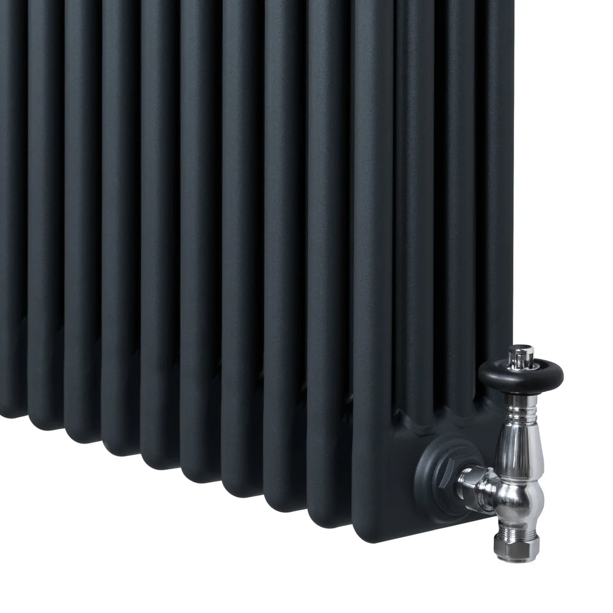 Traditional anthracite grey 4 column radiator with sleek vertical lines and polished valve, ideal for modern interiors