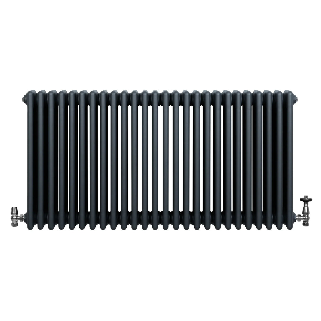 Traditional anthracite grey 4 column radiator with a sleek, vertical design and polished valves, ideal for classic interiors