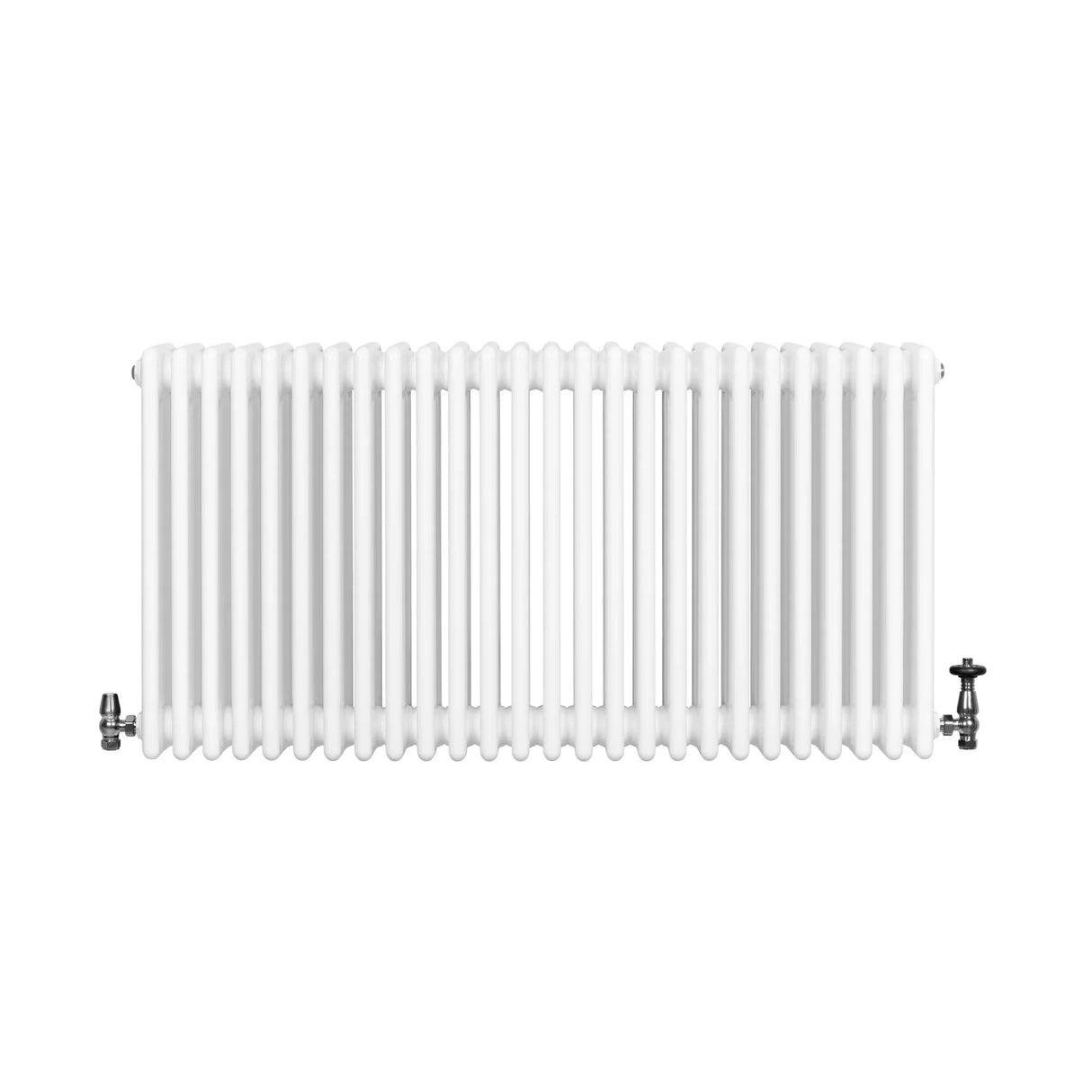 Traditional white 4 column radiator with a smooth finish, featuring valves on both ends, measuring 600 x 1190mm
