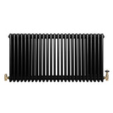 Traditional black 4 column radiator with a sleek finish, featuring brass valves and a rectangular shape, ideal for vintage decor