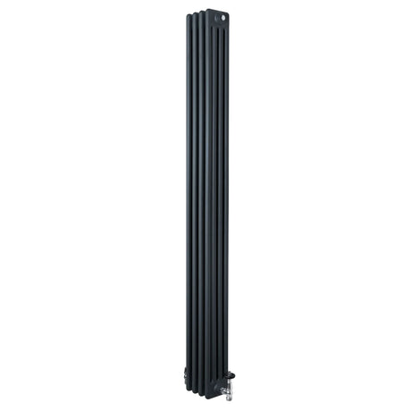 Traditional anthracite grey 4 column radiator, 1800 x 200mm, featuring a sleek vertical design and polished valves for modern interiors