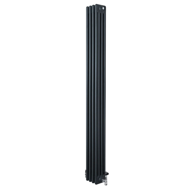 Traditional anthracite grey 4 column radiator, 1800 x 200mm, featuring a sleek vertical design and polished valves for modern interiors