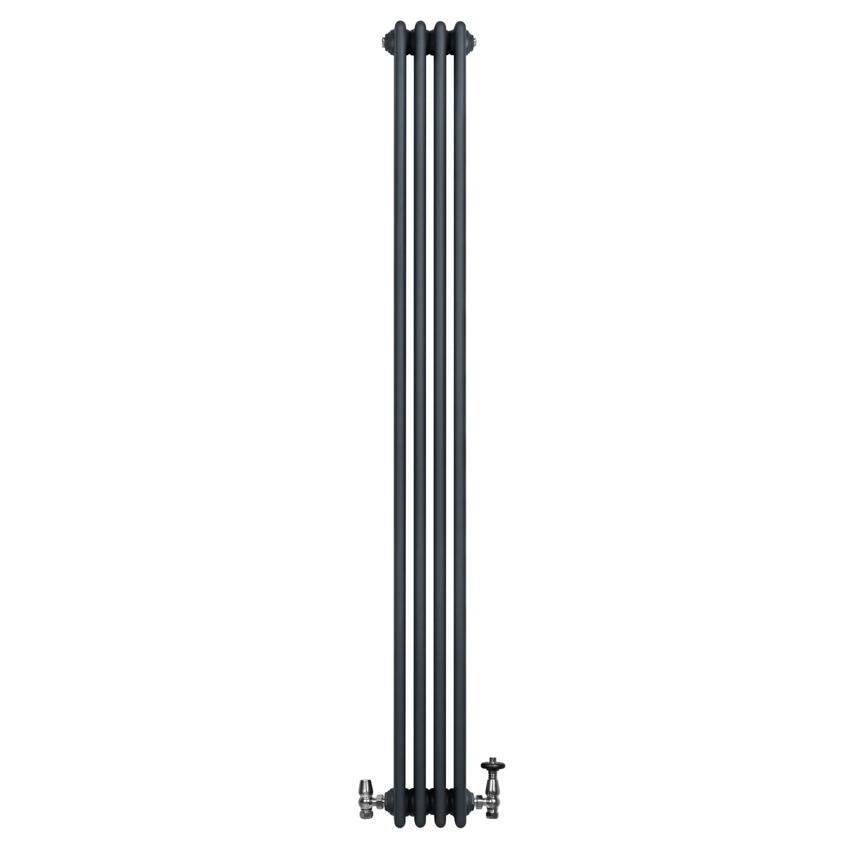 Traditional anthracite grey 4 column radiator, 1800 x 200mm, featuring sleek vertical lines and polished valves for modern decor