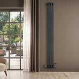 Traditional anthracite grey 4 column radiator with valves, standing against a wall near a large window with natural light