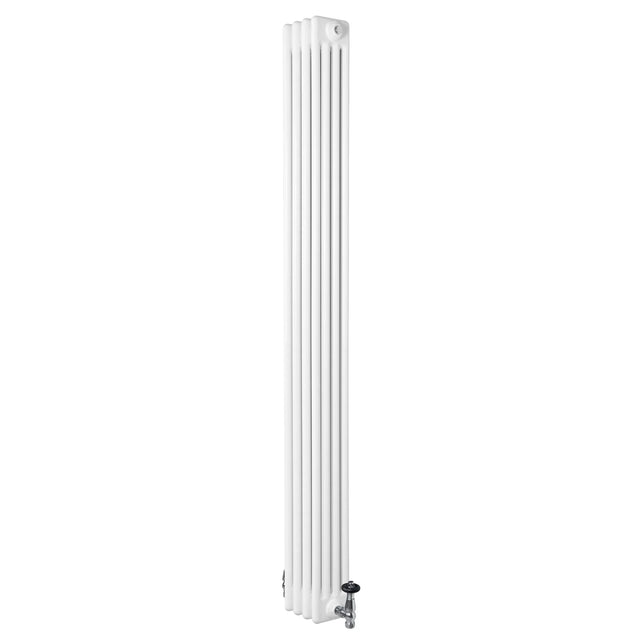 Traditional 4 column radiator in white, 1800 x 200mm, featuring a sleek vertical design and a black valve for easy temperature control