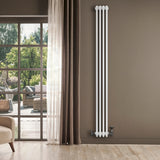 Traditional white 4 column radiator with valves, standing tall against a neutral wall, enhancing a bright, modern living space
