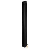 Traditional black 4 column radiator with a sleek vertical design, measuring 1800 x 200mm, featuring brass valves for efficient heating
