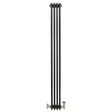 Traditional black 4 column radiator with a sleek finish, featuring brass valves, measuring 1800 x 200mm, ideal for classic interiors