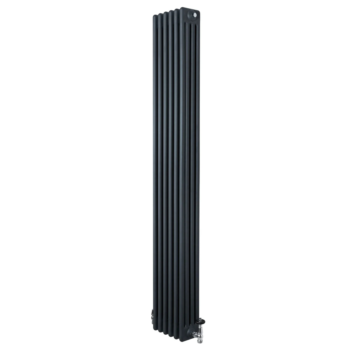Traditional anthracite grey 4 column radiator, 1800 x 290mm, featuring a sleek vertical design and polished valves for modern interiors