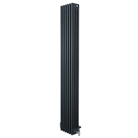 Traditional anthracite grey 4 column radiator, 1800 x 290mm, featuring a sleek vertical design and polished valves for modern interiors