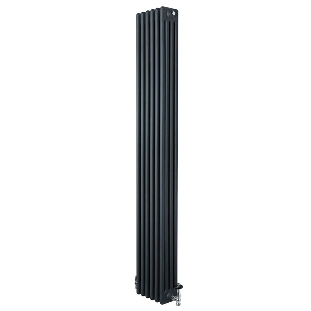 Traditional anthracite grey 4 column radiator, 1800 x 290mm, featuring a sleek vertical design and polished valves for modern interiors