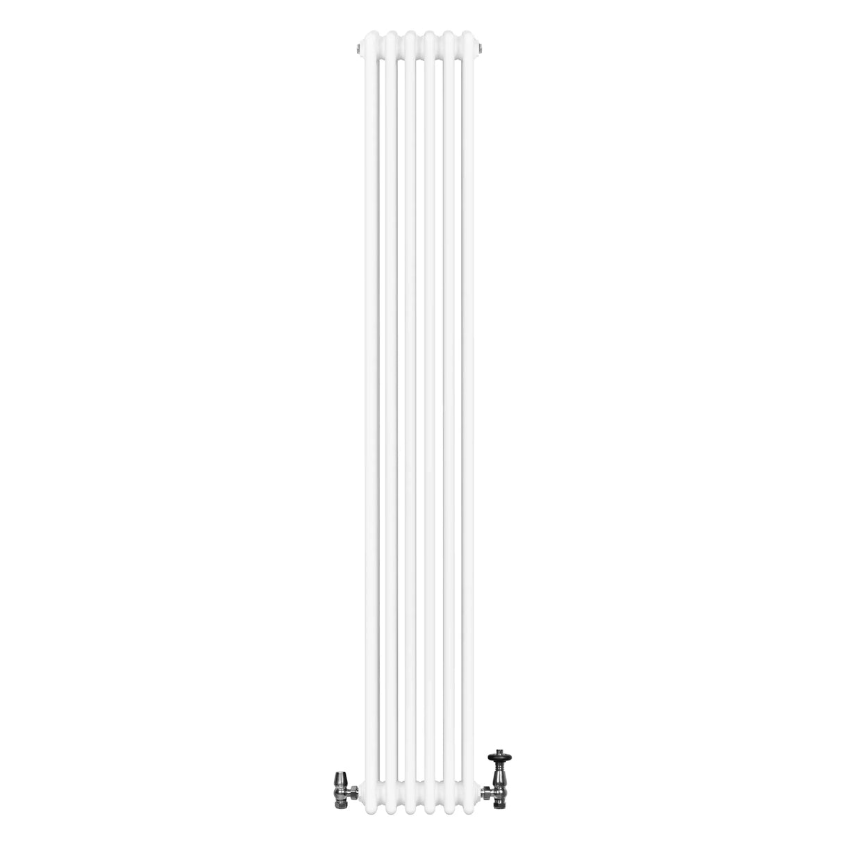 Traditional white 4 column radiator with smooth, glossy finish and valves, measuring 1800 x 290mm, ideal for classic interiors