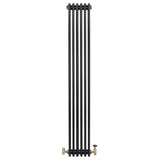 Traditional black 4 column radiator with a sleek vertical design, featuring brass valves and a smooth, matte finish