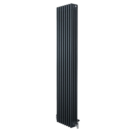 Traditional 4 column radiator in anthracite grey, 1800 x 380mm, featuring vertical lines and polished valves for a sleek look