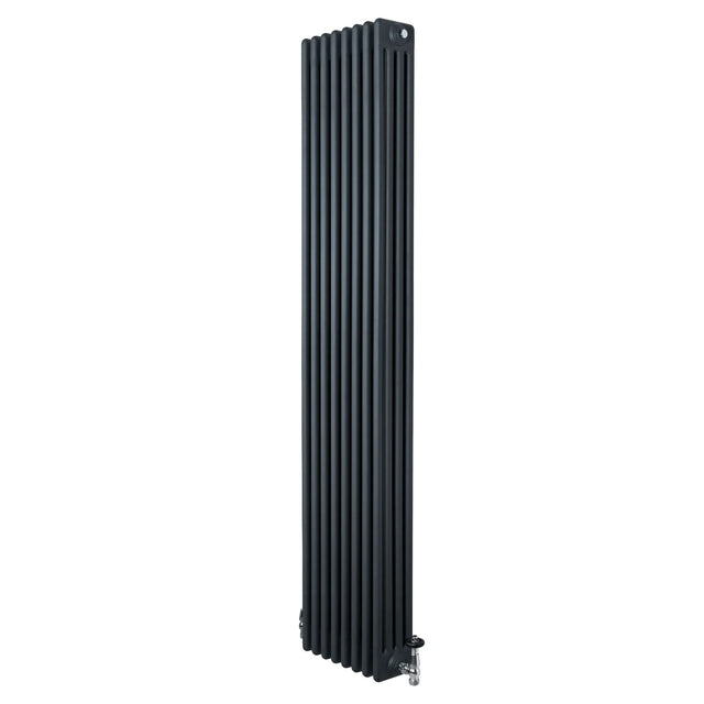 Traditional 4 column radiator in anthracite grey, 1800 x 380mm, featuring vertical lines and polished valves for a sleek look