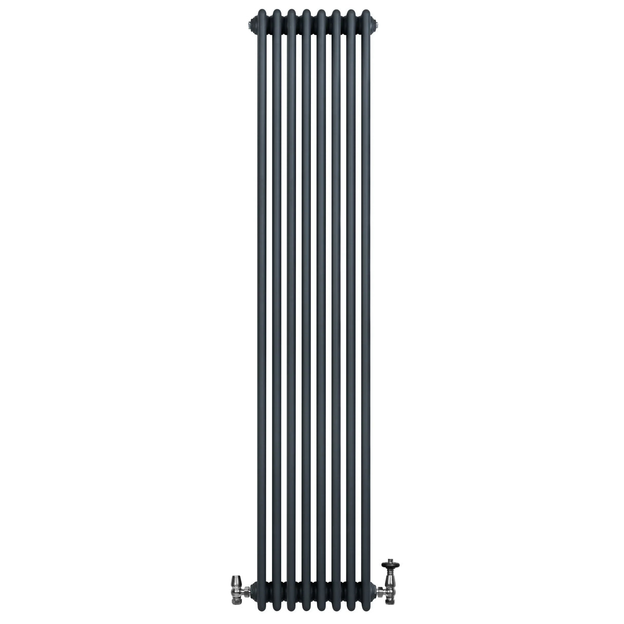 Traditional anthracite grey 4 column radiator, 1800 x 380mm, featuring a sleek vertical design and polished valves for modern interiors