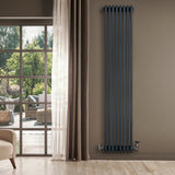 Tall anthracite grey traditional 4 column radiator with valves, mounted on a light wall, beside a window with natural light and greenery outside