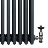 Traditional 4 column radiator in anthracite grey, featuring smooth, rounded tubes and a polished valve for modern heating solutions