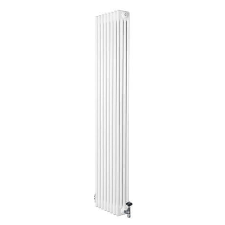 Traditional white 4 column radiator with a sleek vertical design, measuring 1800 x 380mm, featuring polished valves and smooth texture
