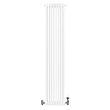Traditional white 4 column radiator with sleek vertical design, featuring chrome valves at the base for efficient heating