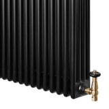 Traditional black 4 column radiator with a sleek finish and brass valve, measuring 1800 x 380mm, ideal for classic interiors