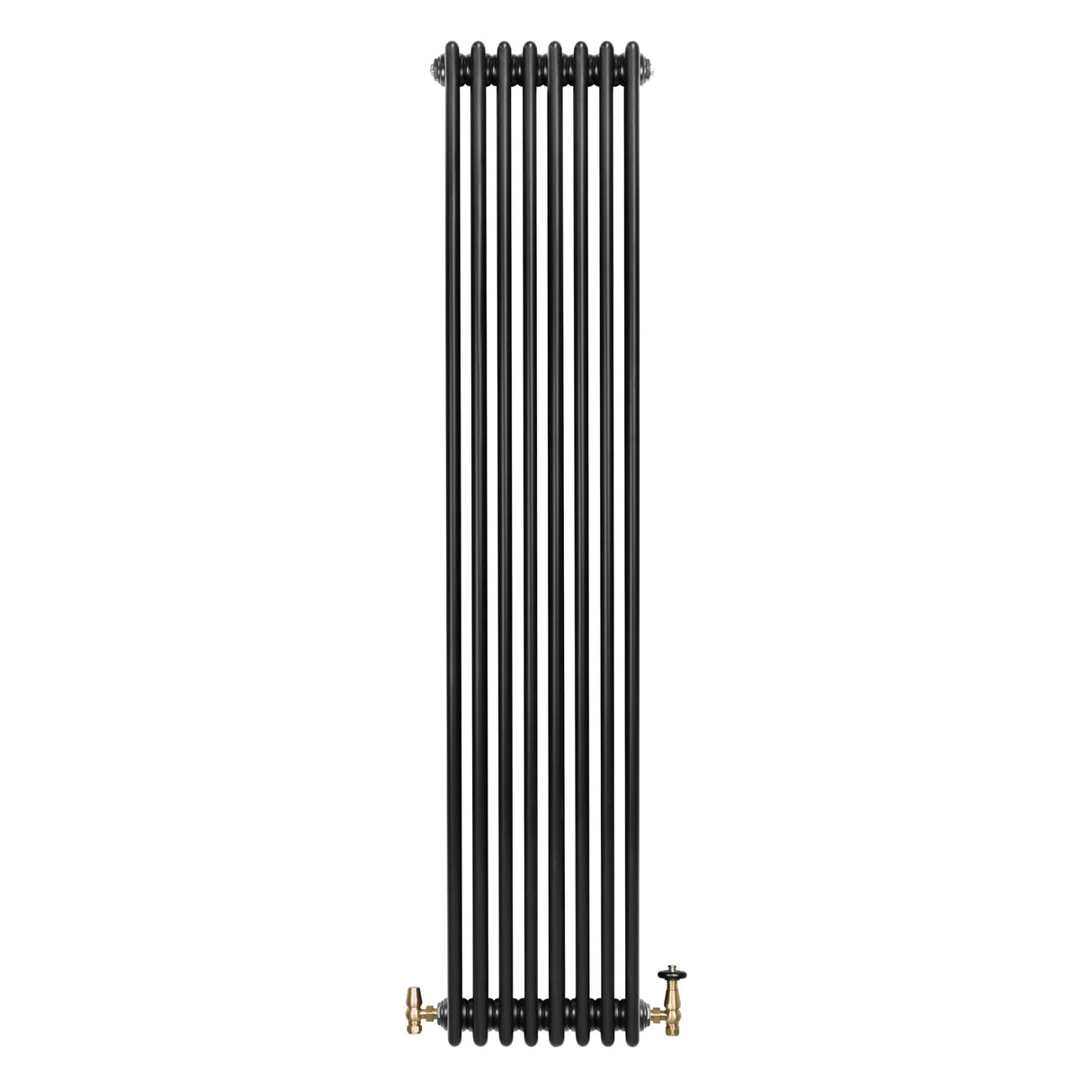 Traditional black 4 column radiator with a sleek vertical design, featuring brass valves for efficient heating and classic style