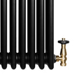Traditional black 4 column radiator with a sleek finish, featuring a brass valve for easy temperature control and modern elegance