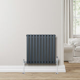 Oval single column radiator in anthracite grey, featuring sleek vertical bars and chrome valves, mounted on a light wall