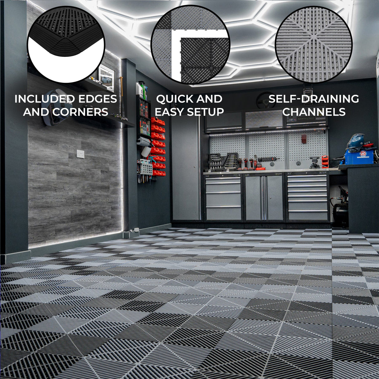 Vented Garage Floor Tiles With Edges – 60 Black & 60 Grey