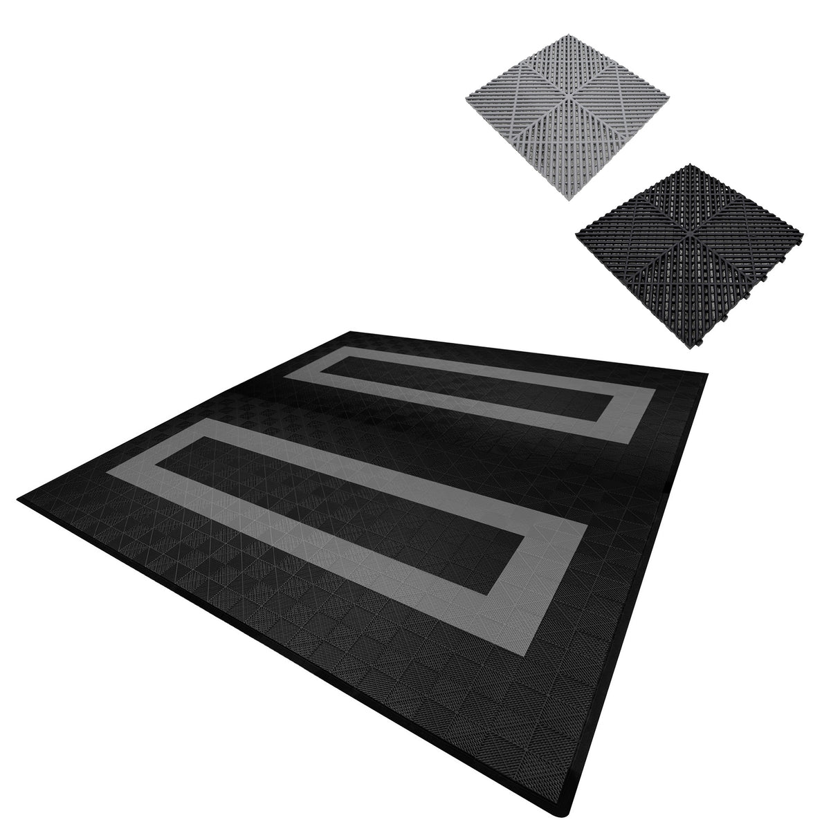 Vented Garage Floor Tiles With Edges – 165 Black & 60 Grey