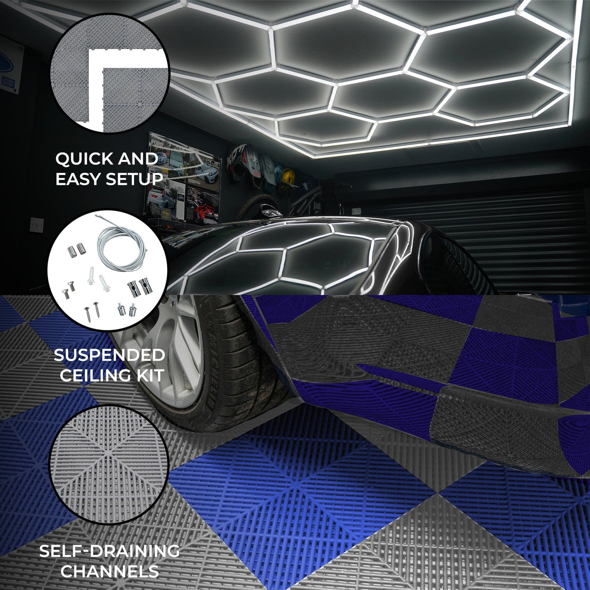 Hexagon LED Light & Vented Garage Floor Tiles With Edges - 60 Grey & 60 Blue