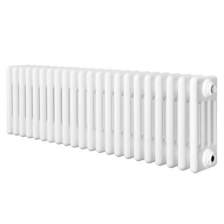 Traditional 4 column radiator in white, 300 x 1010mm, featuring a smooth, glossy finish and classic design for efficient heating