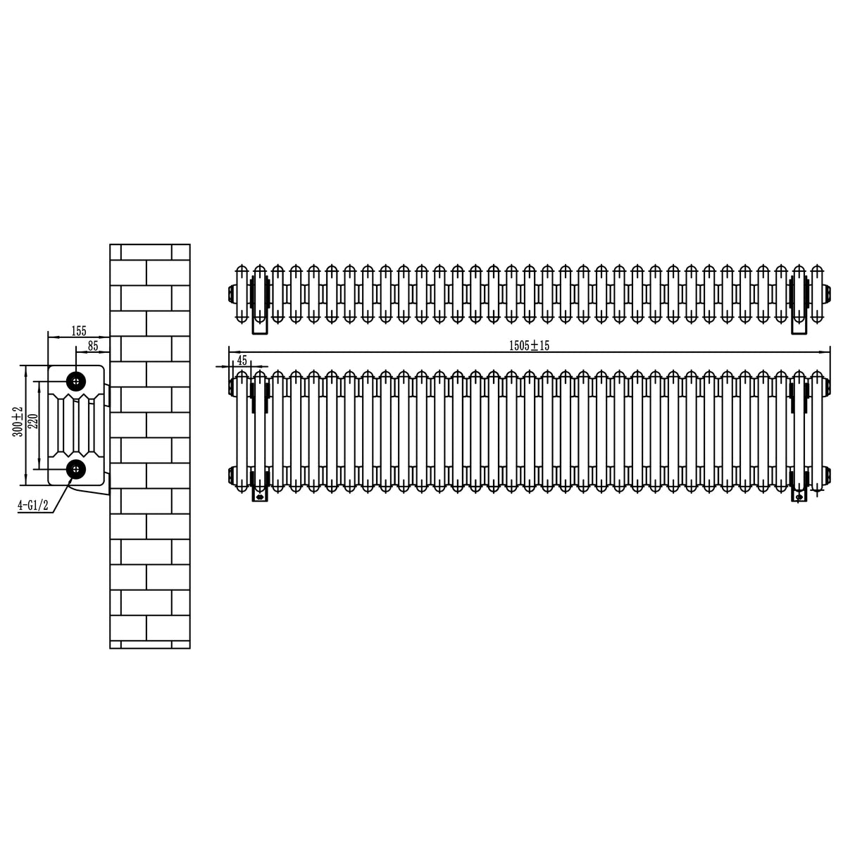 Traditional anthracite 4 column radiator, 300 x 1505mm, featuring a sleek design and detailed dimensions for installation