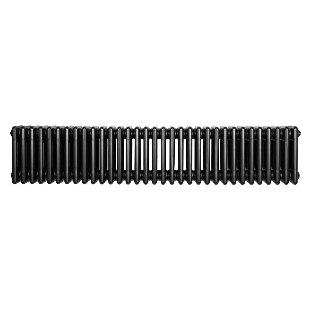 Traditional 4 column radiator in sleek black finish, measuring 300 x 1505mm, featuring a classic design with smooth, even lines