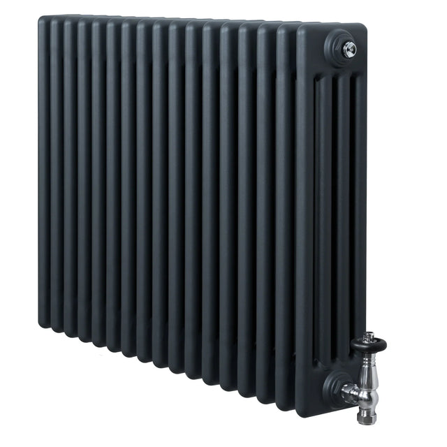 Traditional anthracite grey 4 column radiator with a sleek, ribbed design and polished valves, ideal for classic interiors