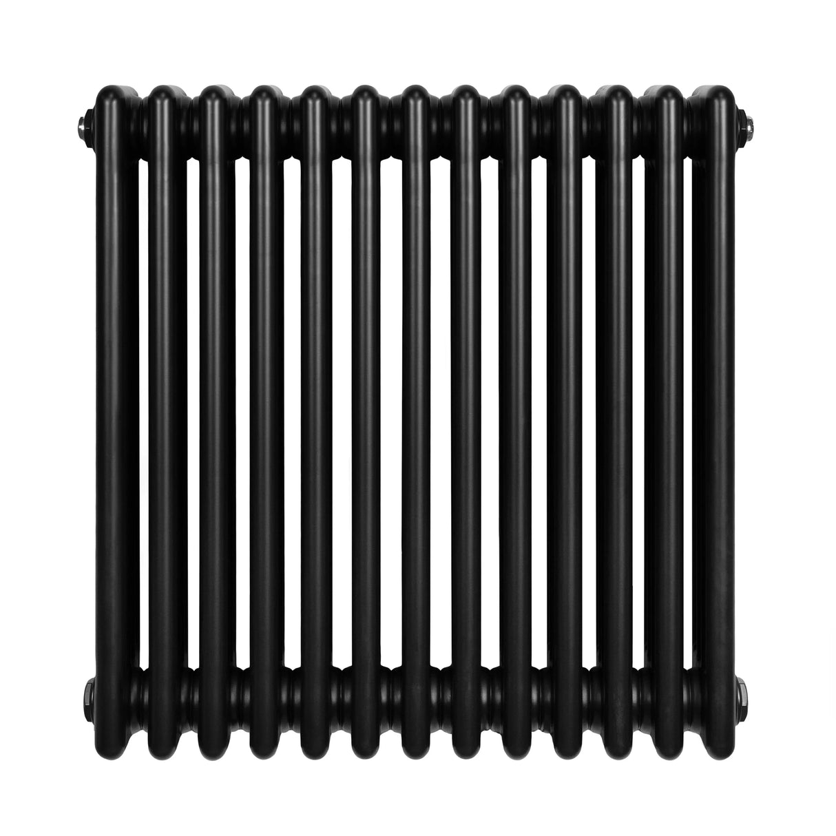 Traditional 4 column radiator in sleek black finish, measuring 600 x 605mm, featuring smooth, rounded edges and a classic design