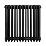 Traditional 4 column radiator in sleek black finish, measuring 600 x 605mm, featuring smooth, rounded edges and a classic design
