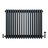 Traditional anthracite grey 4 column radiator with a sleek, ribbed design and polished valves, measuring 600 x 785mm