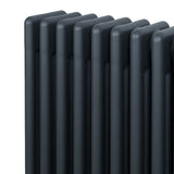 Traditional 4 column radiator in anthracite grey, featuring a sleek, modern design with smooth, rounded edges and a textured finish
