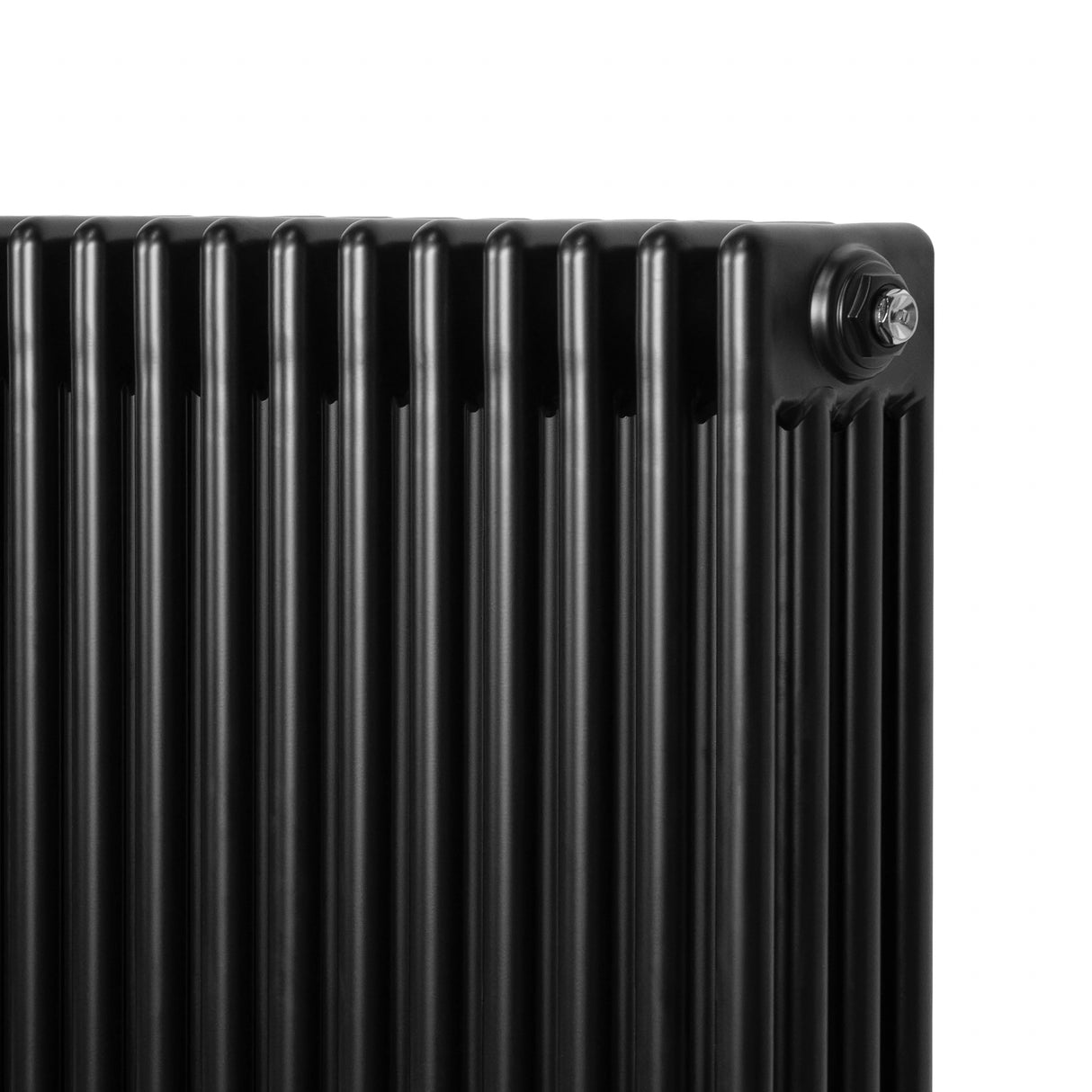 Traditional black 4 column radiator with a sleek, vertical design, featuring smooth, rounded edges and a polished finish