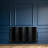 Traditional black 4 column radiator with a sleek finish, mounted against a deep blue wall, showcasing elegant design and functionality