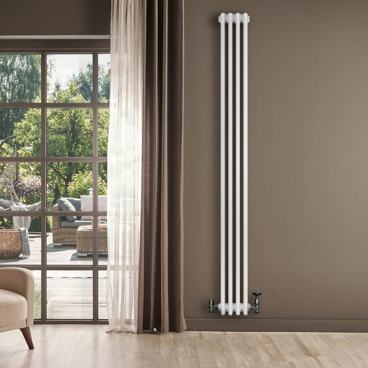 Traditional white 4 column radiator, 1800 x 200mm, mounted on a wall, with a modern living space and natural light in the background