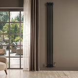 Traditional black 4 column radiator, 1800 x 200mm, mounted on a wall, showcasing a sleek design against a neutral backdrop