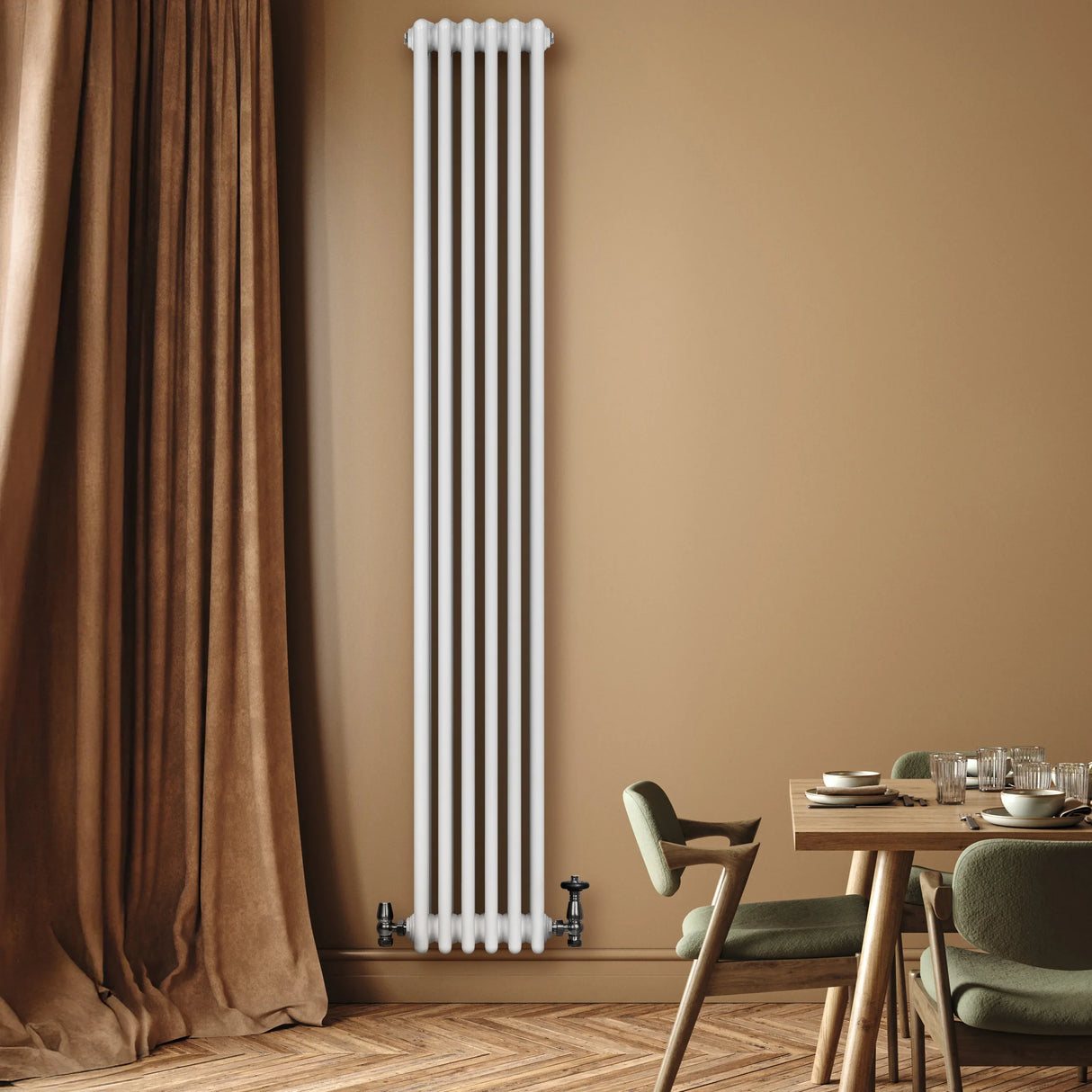 Traditional white 4 column radiator, 1800 x 290mm, mounted on a wall with a warm beige backdrop and stylish dining area furniture