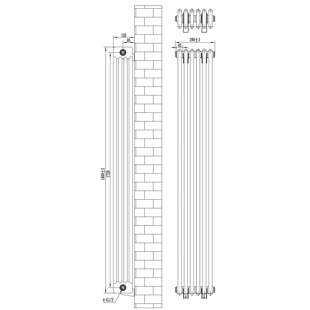 Traditional 4 column radiator in white, measuring 1800 x 290mm, featuring a sleek design with smooth, glossy finish and detailed dimensions