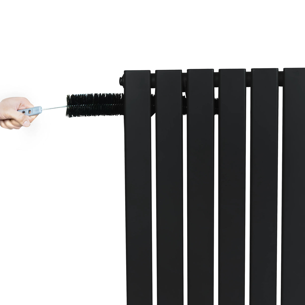 Flat black single column radiator, 600 x 700mm, showcasing sleek vertical lines and a hand adjusting the valve for functionality