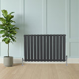 Flat single column radiator in anthracite grey, featuring vertical slats and chrome feet, positioned beside a potted plant on wooden flooring