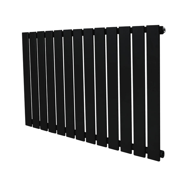 Flat single column radiator in sleek black finish, 600 x 910mm, featuring a modern design with vertical slats and smooth texture