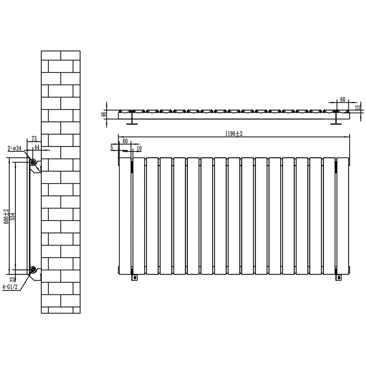 Flat single column radiator in sleek black, measuring 600 x 1190mm, featuring a modern design with vertical fins and wall mounting details