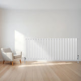 Flat white single column radiator, 600 x 1400mm, sleek design with vertical slats, positioned against a light wall and wooden floor